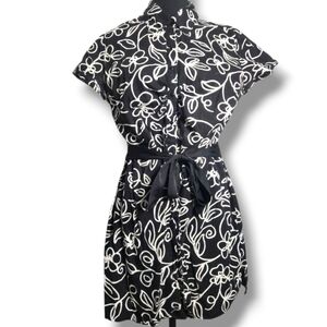Button-down Short-sleeve Floral Shirt-dress Black & White Floral with Tie Waist